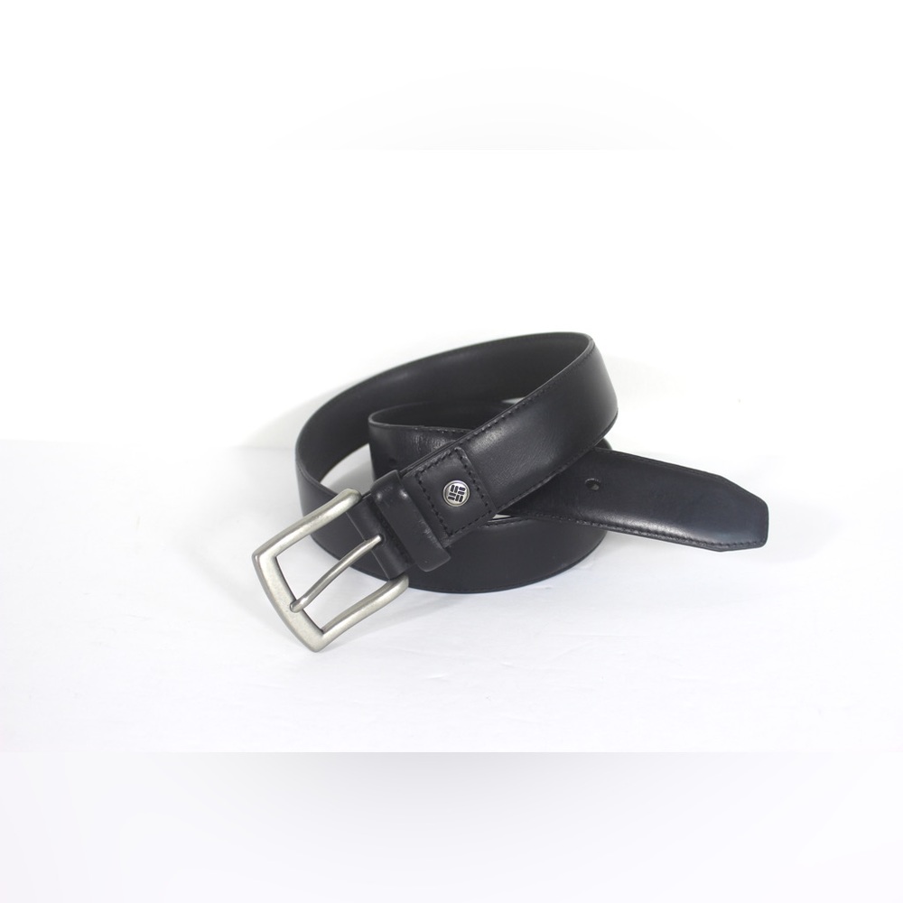 Mens Unisex Columbia Black Leather Belt with a Brushed Silver Buckle